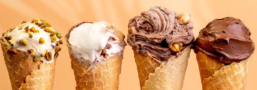 Gelato flavors in small waffle cones